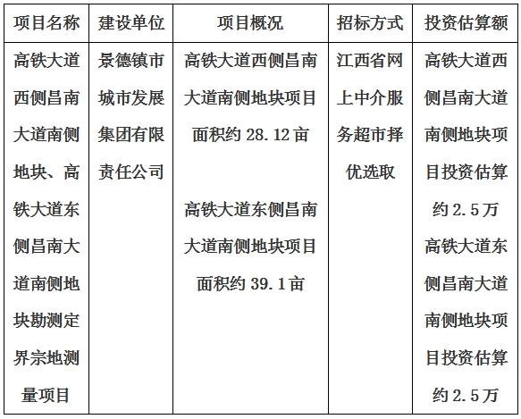 景德鎮(zhèn)市高鐵大道西側(cè)昌南大道南側(cè)地塊、高鐵大道東側(cè)昌南大道南側(cè)地塊勘測定界宗地測量項目計劃公告