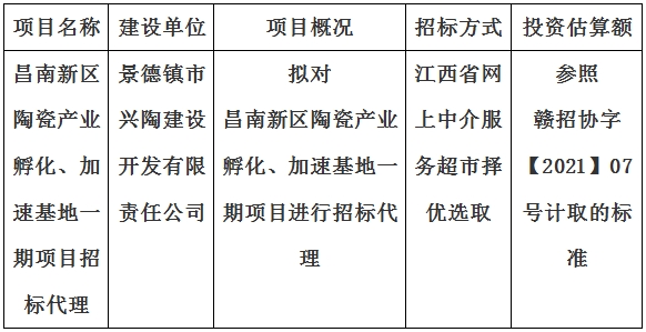 昌南新區(qū)陶瓷產(chǎn)業(yè)孵化、加速基地一期項目招標(biāo)代理計劃公告