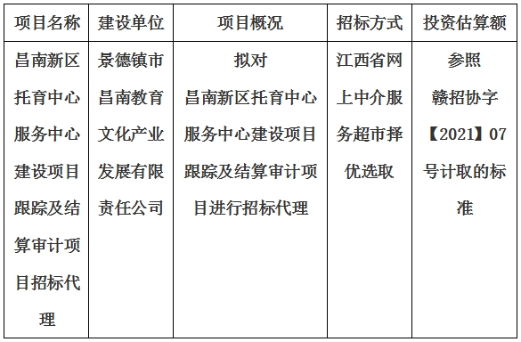 昌南新區(qū)托育中心服務(wù)中心建設(shè)項目跟蹤及結(jié)算審計項目招標(biāo)代理計劃公告