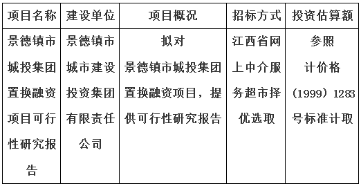 景德鎮(zhèn)市城投集團(tuán)置換融資項(xiàng)目可行性研究報(bào)告計(jì)劃公告