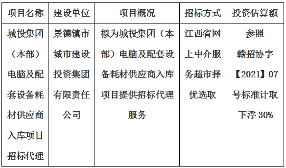 城投集團(tuán)（本部）電腦及配套設(shè)備耗材供應(yīng)商入庫項(xiàng)目招標(biāo)代理計(jì)劃公告