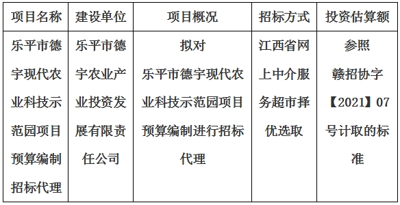 樂平市德宇現(xiàn)代農(nóng)業(yè)科技示范園項目預(yù)算編制招標(biāo)代理計劃公告