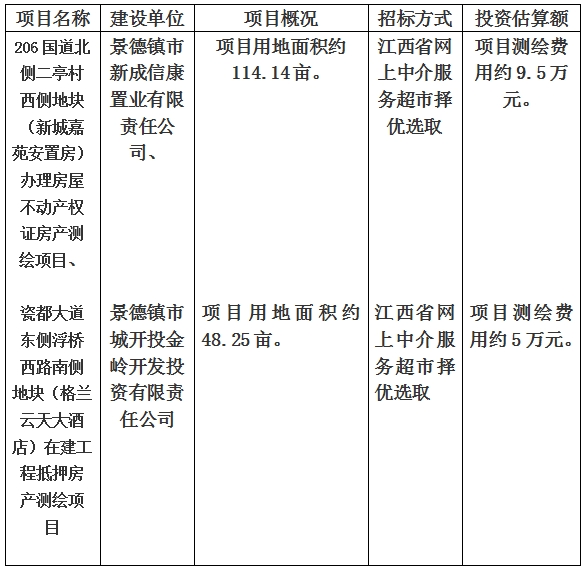 景德鎮(zhèn)市206國道北側(cè)二亭村西側(cè)地塊（新城嘉苑安置房）辦理房屋不動(dòng)產(chǎn)權(quán)證房產(chǎn)測繪項(xiàng)目、瓷都大道東側(cè)浮橋西路南側(cè)地塊（格蘭云天大酒店）在建工程抵押房產(chǎn)測繪項(xiàng)目計(jì)劃公告